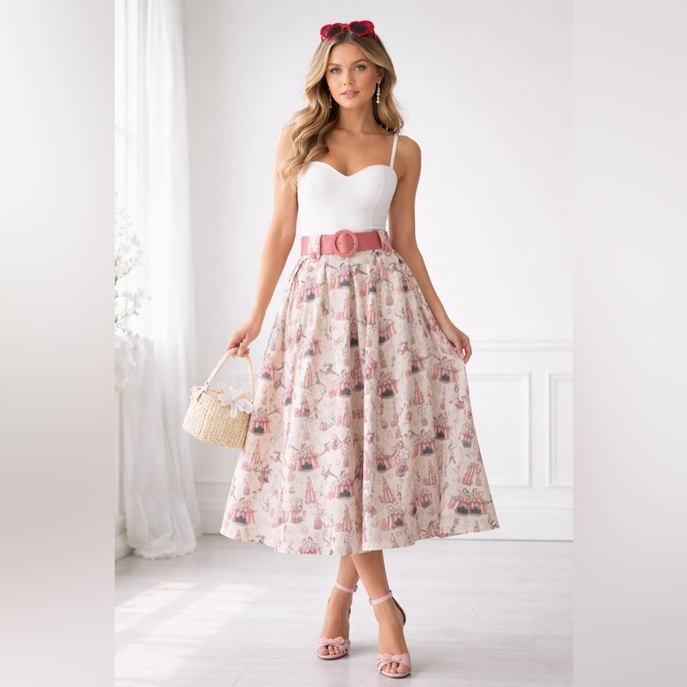 Voodoo Vixen Circus Print Midi Skirt Belted Retro Rockabilly Pin Up Size L